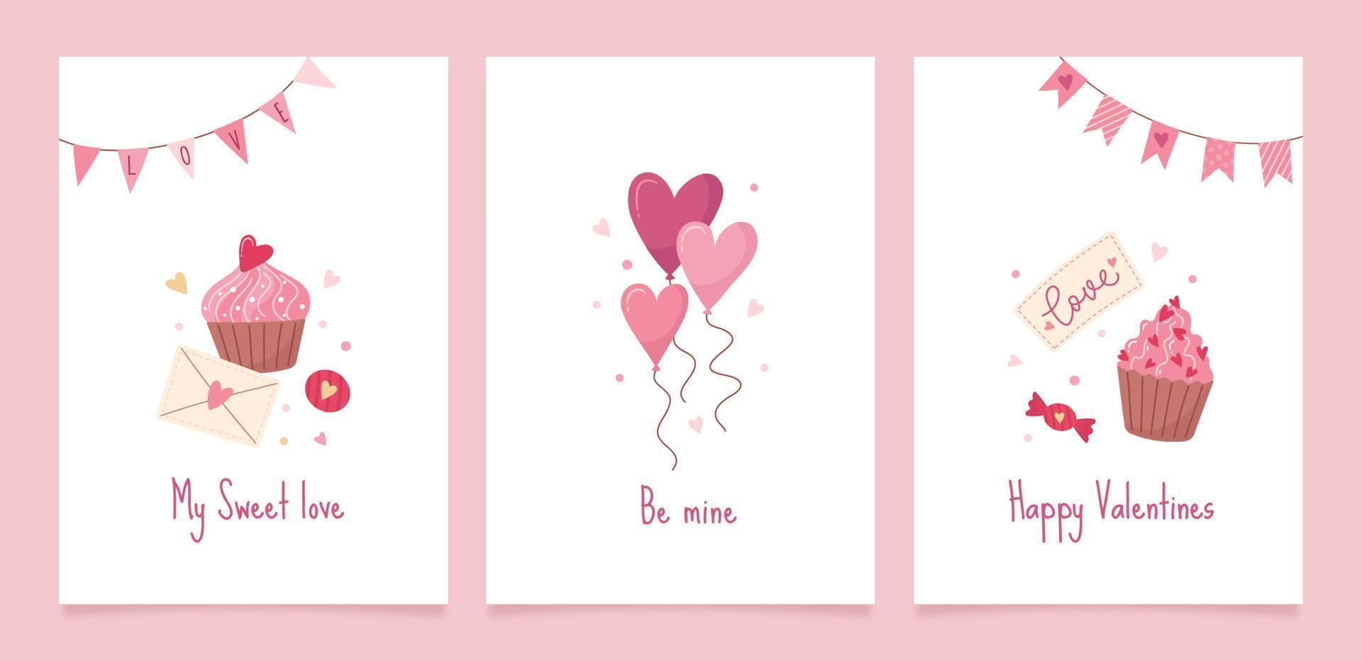 impostato di saluto carte per San Valentino giorno. vettore carino illustrazioni con festivo decorativo elementi, cuore, Busta, dolci, palloncini e iscrizioni.