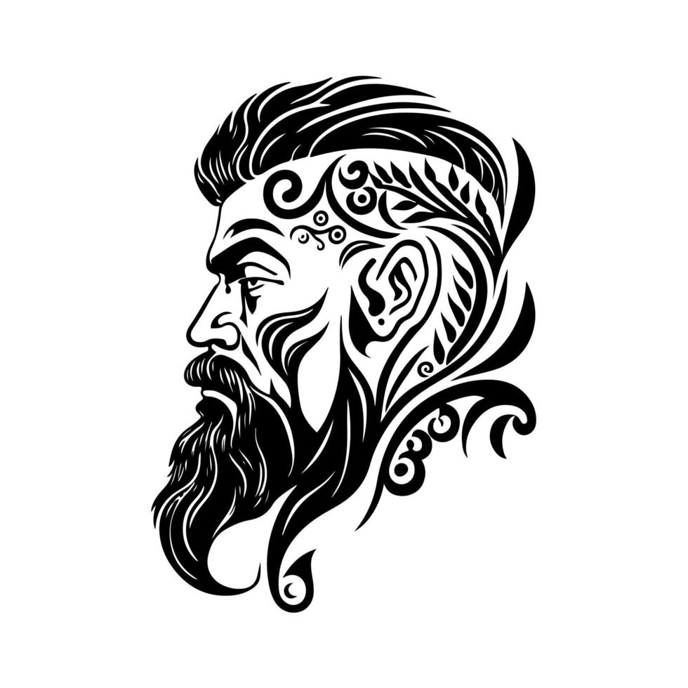 ornamentale, aspro uomo con elegante capelli, barba e baffi. decorativo illustrazione per barbiere logo, emblema, tatuaggio, ricamo, laser taglio. vettore