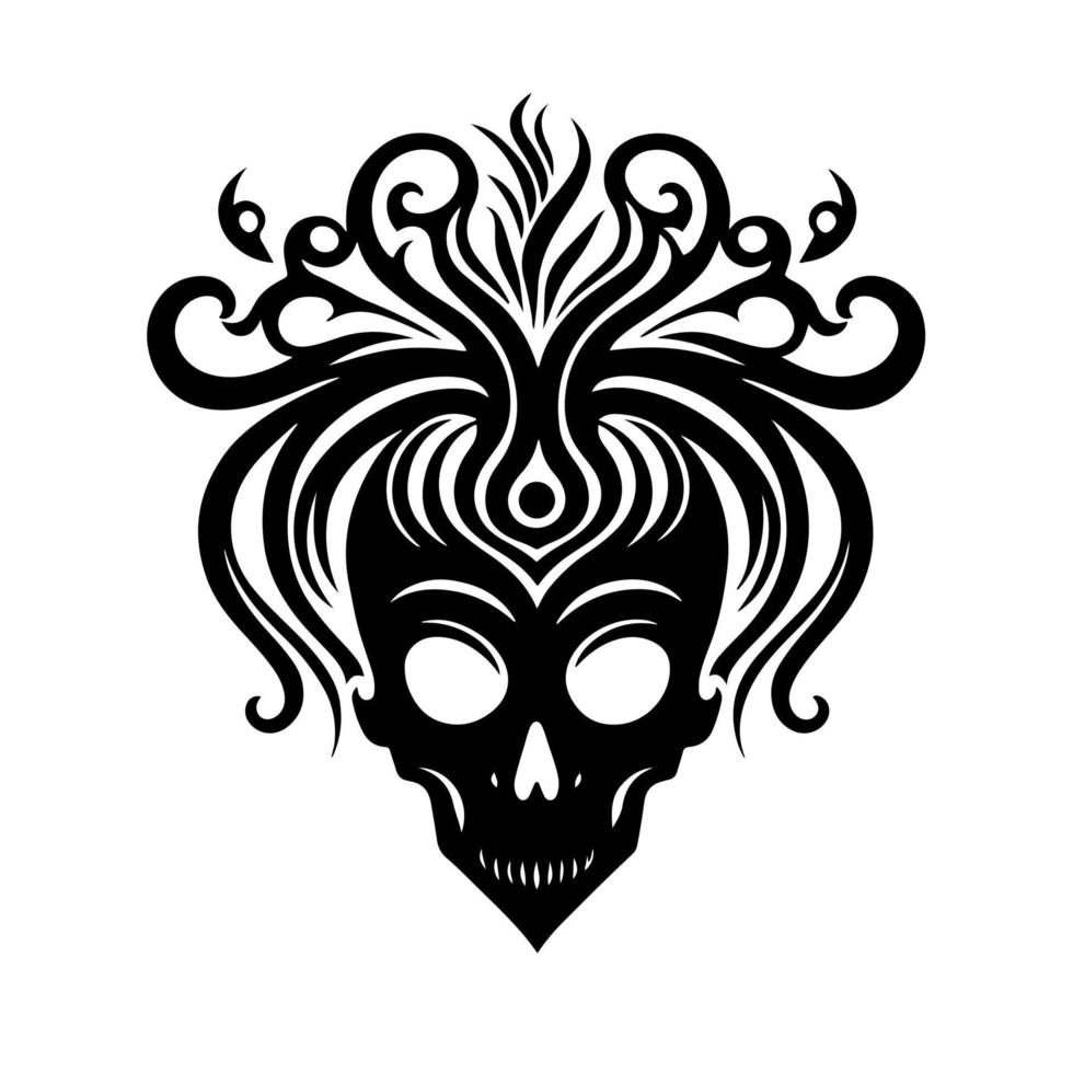 astratto, ornamentale umano cranio con capelli. illustrazione per tatuaggio, ricamo, logo, emblema, laser taglio, sublimazione. vettore