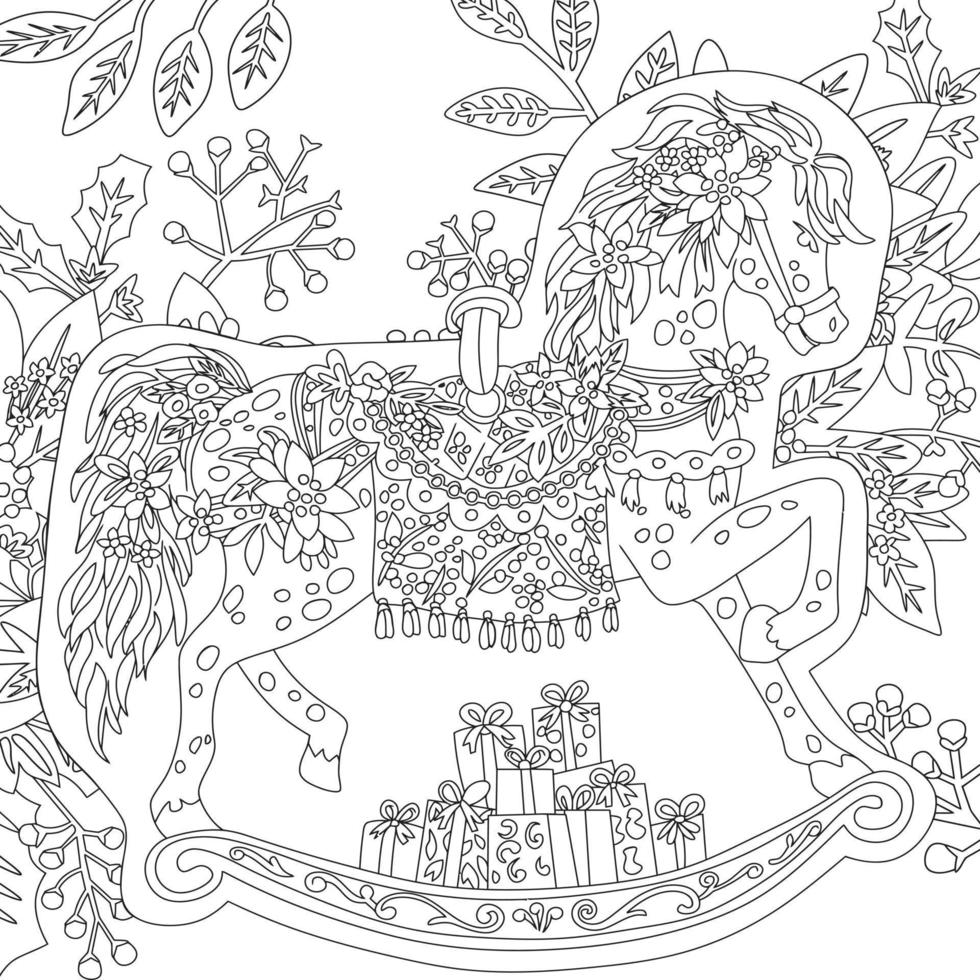 gratuito vettore dettaglio linea arte scarabocchio pony colorazione libro con foglia e fiore motivo