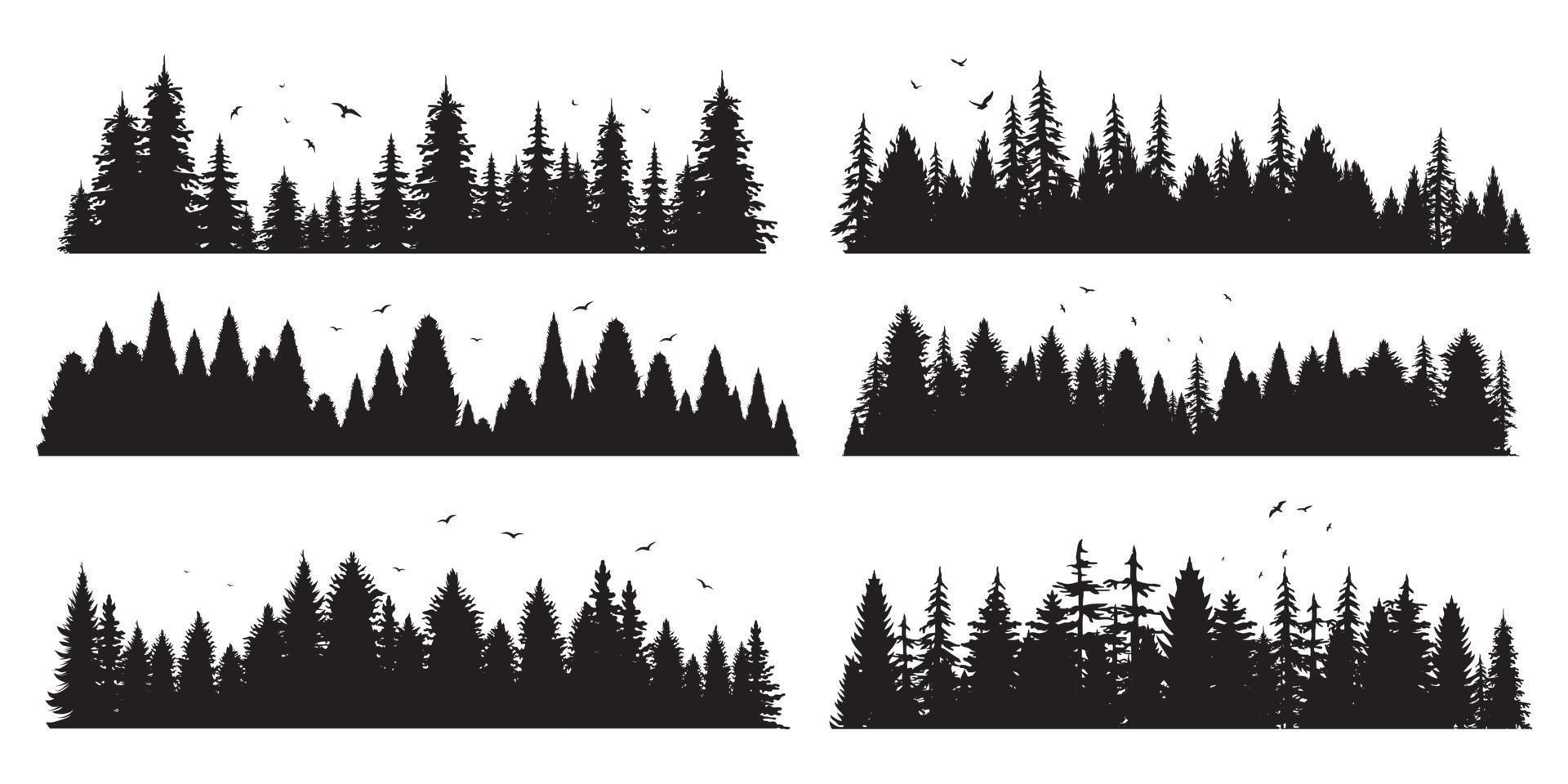 collezione di orizzontale abete albero sagome e volante uccelli vettore