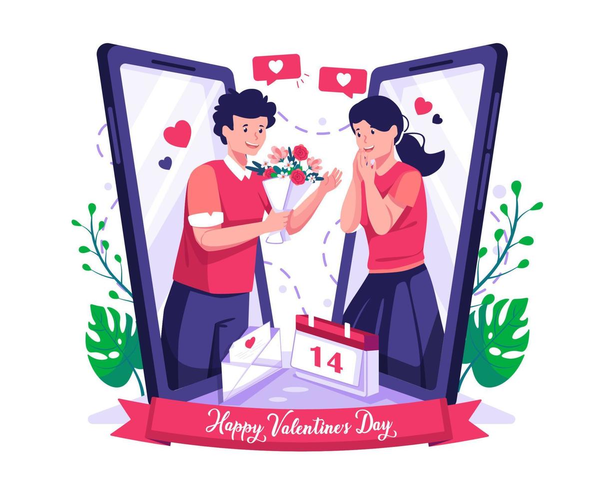 San Valentino giorno concetto illustrazione con un' giovane amante uomo dando un' regalo per sua fidanzata. un' uomo dà un' fiore per un' donna attraverso un' smartphone. in linea incontri e virtuale relazioni vettore