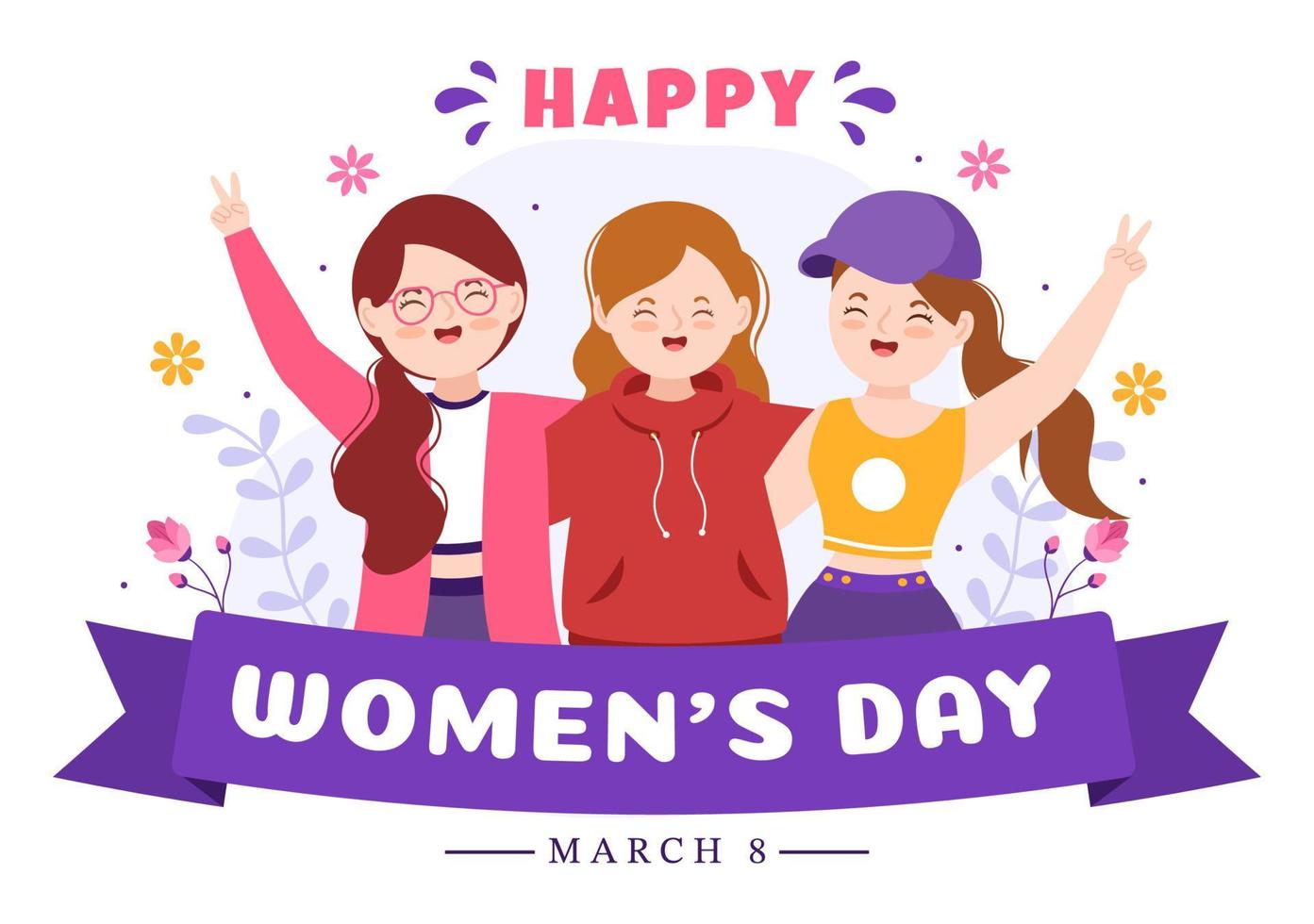 internazionale Da donna giorno su marzo 8 illustrazione per celebrare il realizzazioni di donne nel piatto cartone animato mano disegnato atterraggio pagina modelli vettore