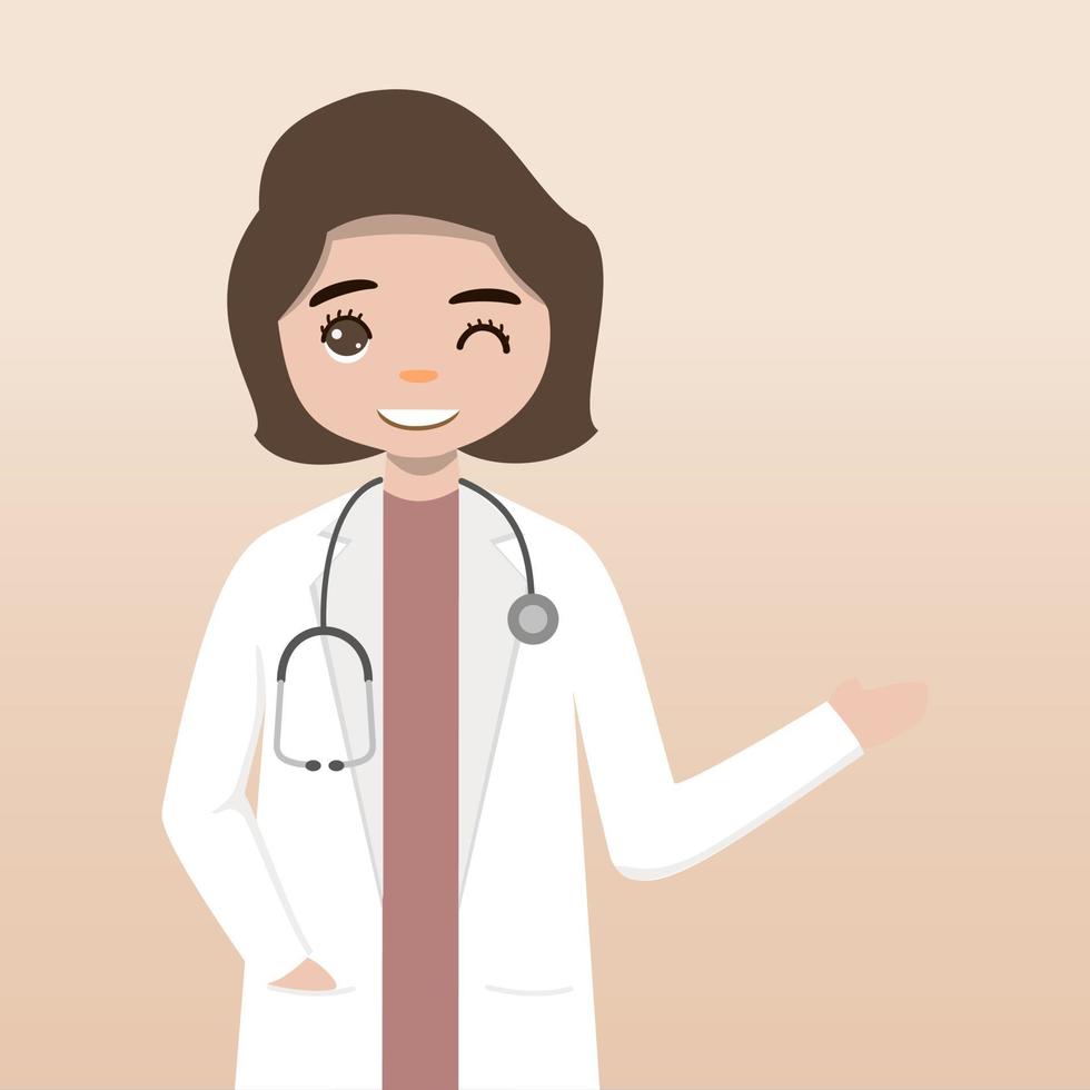 davanti Visualizza medico carattere. medico personaggio creazione impostato con viso emozioni, pose e gesti. cartone animato stile, piatto vettore illustrazione.femmina medico. dito puntamento su, Tenere clipboard.