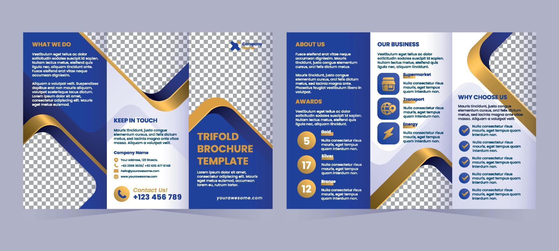 blu e oro pendenza trifold opuscolo modello vettore