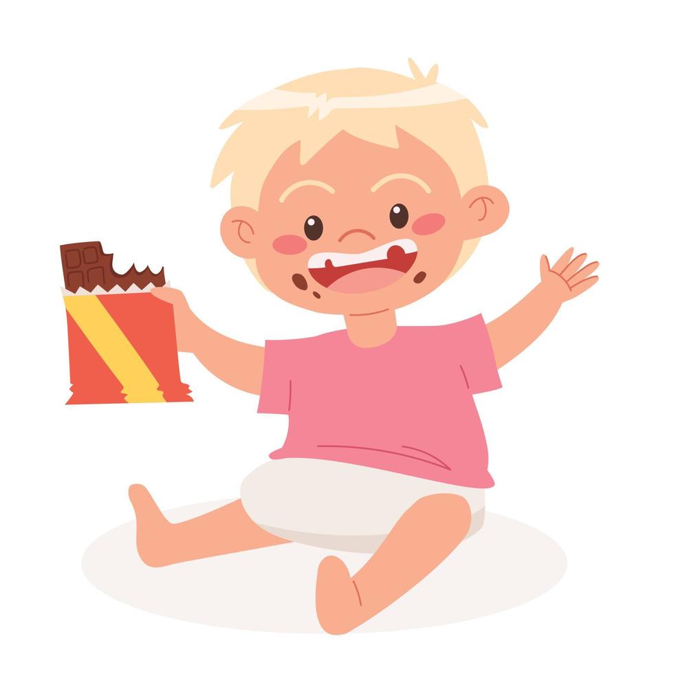 carino bambino mangiare cioccolato bar cartone animato vettore