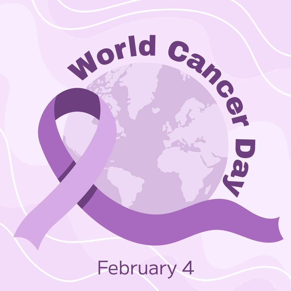 mondo cancro consapevolezza giorno febbraio 4°. lilla o viola nastro con pianeta simbolo di cancro. fermare cancro campagna Salute cura piazza modello per sociale media o sito web vettore
