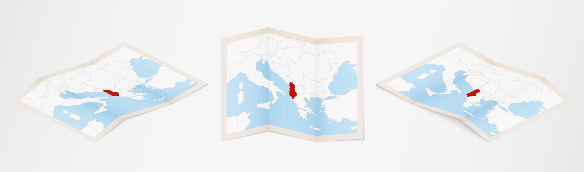 piegato carta geografica di Albania nel tre diverso versioni. vettore