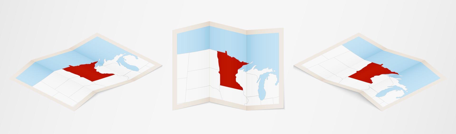 piegato carta geografica di Minnesota nel tre diverso versioni. vettore