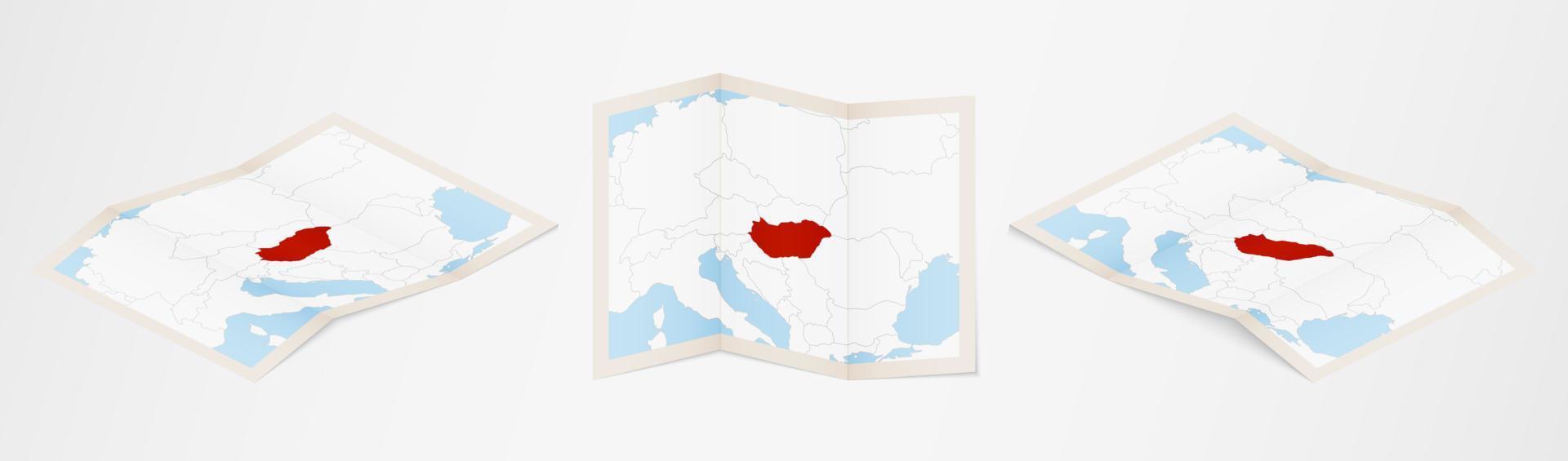 piegato carta geografica di Ungheria nel tre diverso versioni. vettore