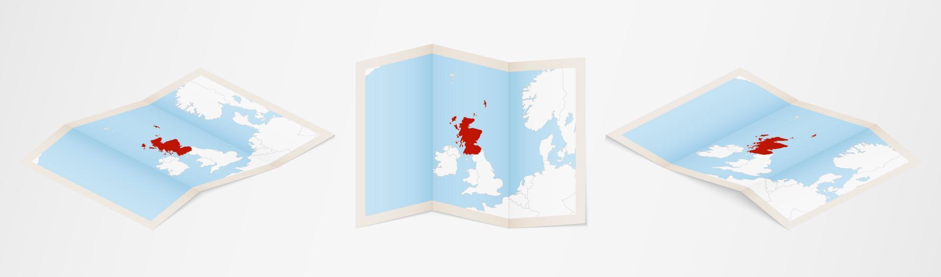 piegato carta geografica di Scozia nel tre diverso versioni. vettore