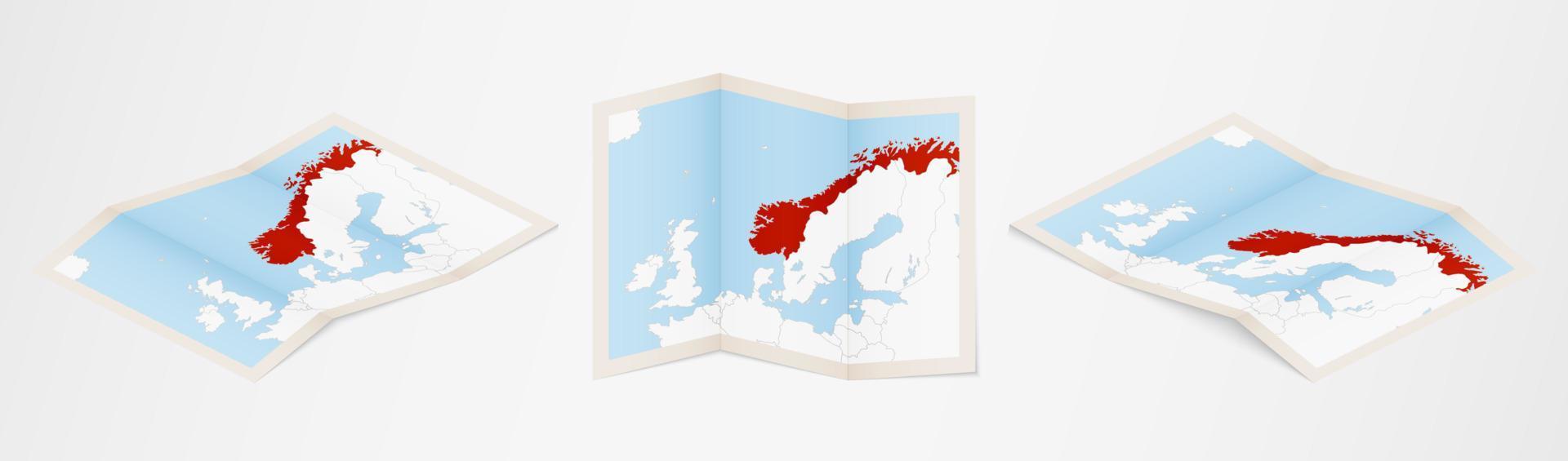 piegato carta geografica di Norvegia nel tre diverso versioni. vettore