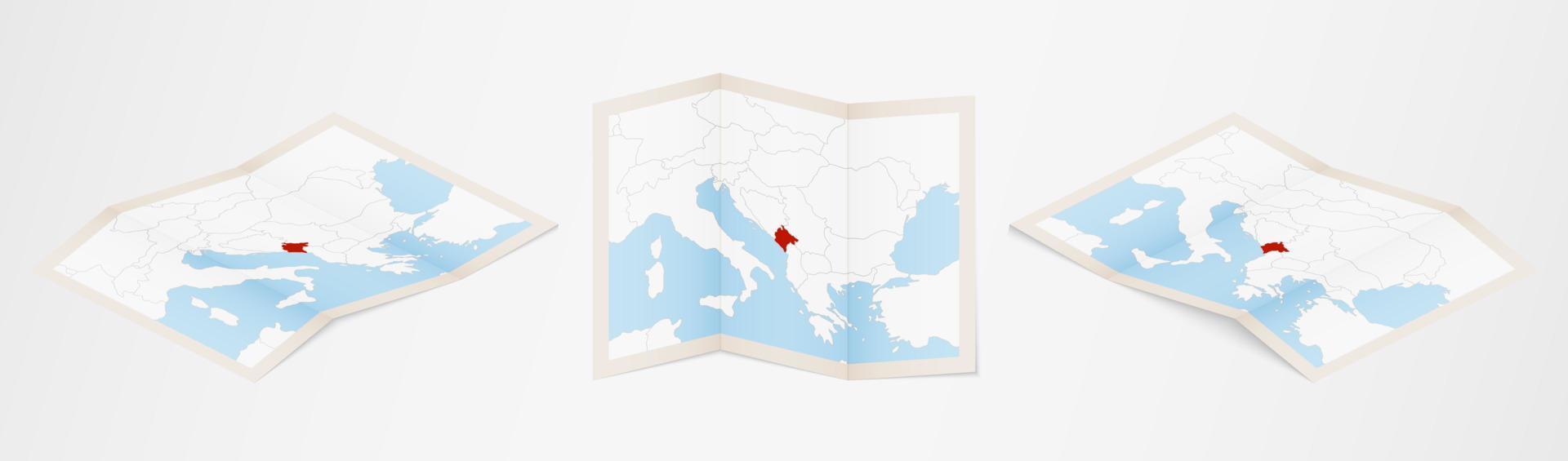 piegato carta geografica di montenegro nel tre diverso versioni. vettore