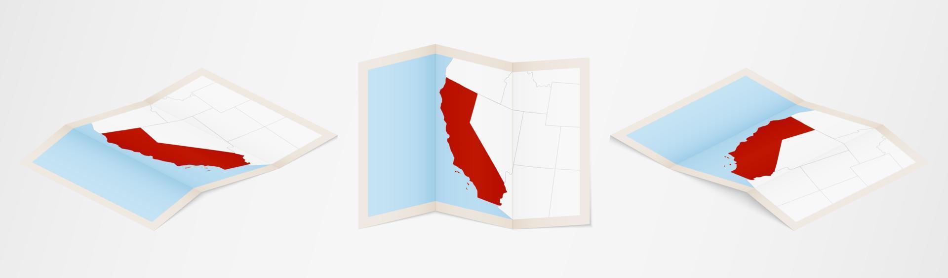 piegato carta geografica di California nel tre diverso versioni. vettore