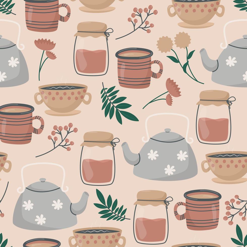 illustrazione vettoriale modello senza cuciture. simpatiche tazze da tè e caffè doodle, teiera e barattolo di vetro, ramoscelli con foglie e fiori. decorazione di sfondo in colori caldi e accoglienti.