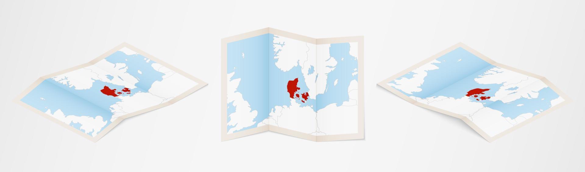 piegato carta geografica di Danimarca nel tre diverso versioni. vettore
