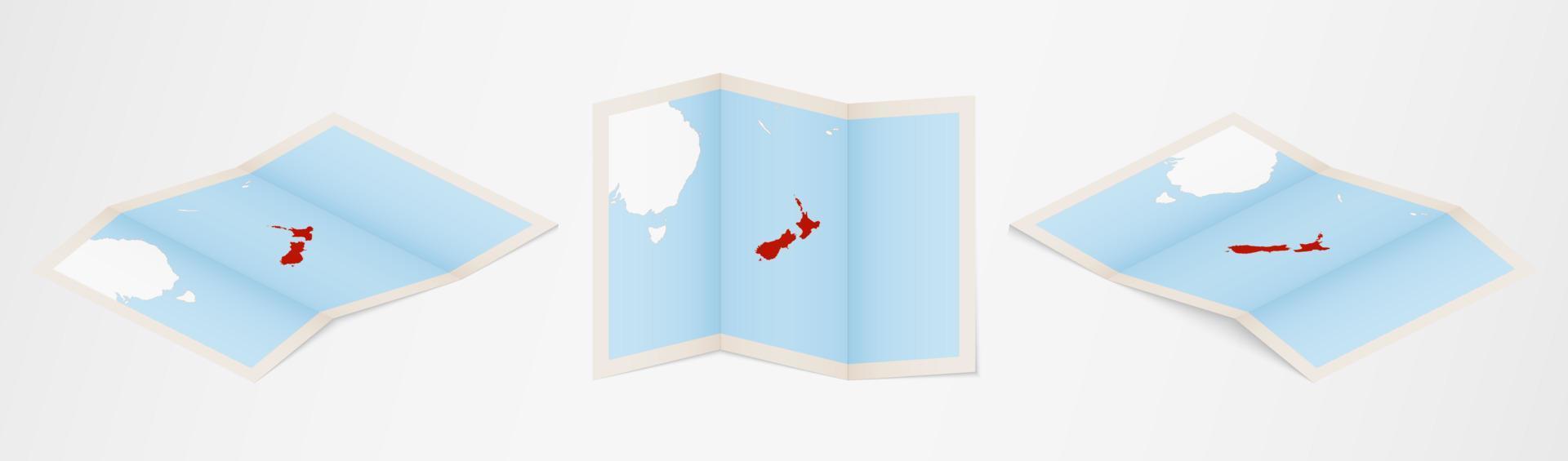 piegato carta geografica di nuovo Zelanda nel tre diverso versioni. vettore