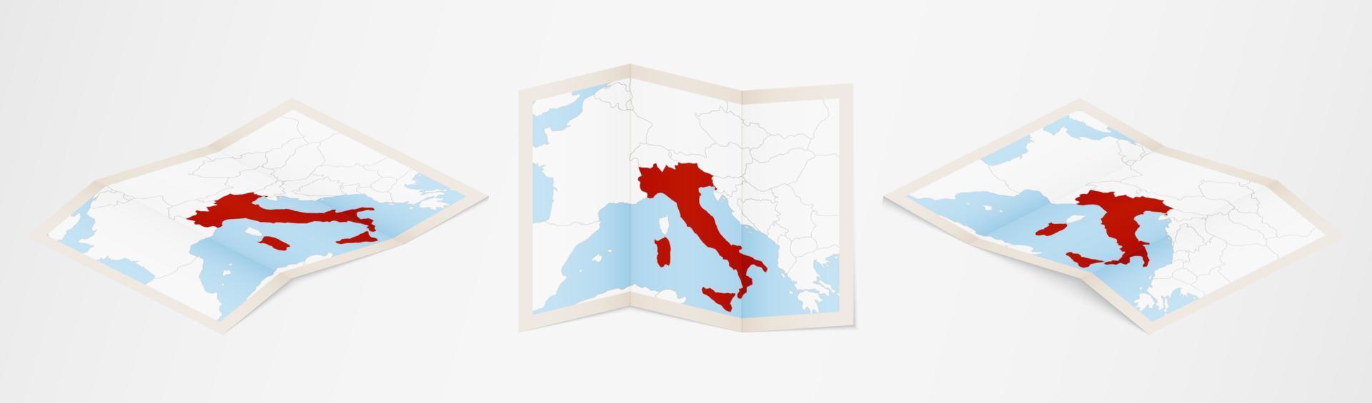 piegato carta geografica di Italia nel tre diverso versioni. vettore