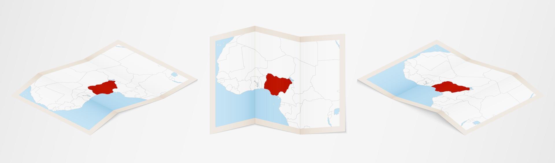piegato carta geografica di Nigeria nel tre diverso versioni. vettore