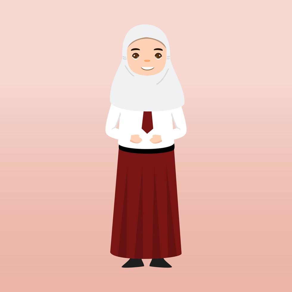 elementare scuola hijab ragazza alunno indossare rosso e bianca uniforme. cartone animato vettore illustrazione. ritratto di un elementare scuola alunno. scuola studenti bambini con zaini, libri, macbook.