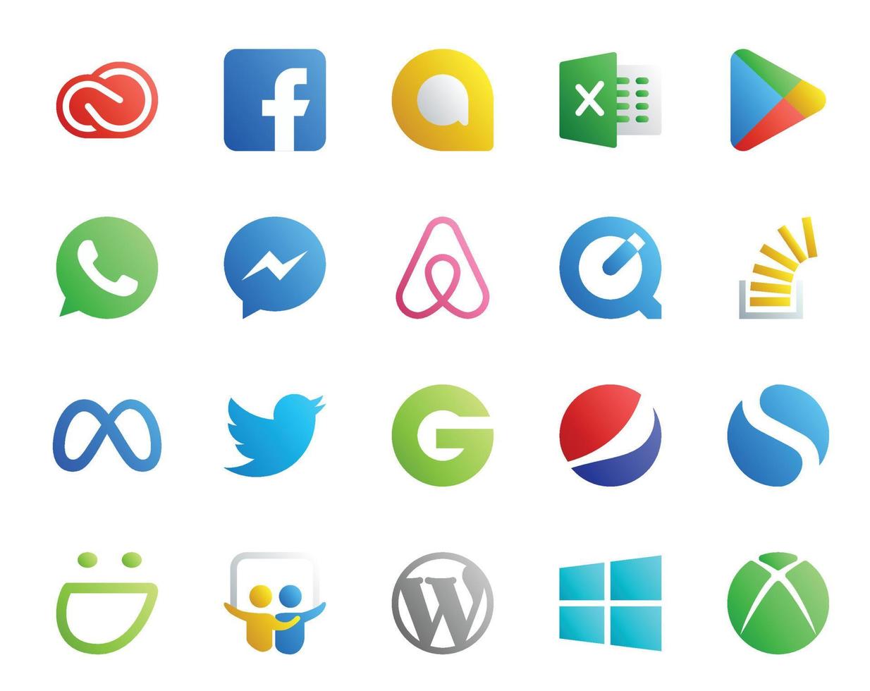 20 sociale media icona imballare Compreso Facebook straripamento WhatsApp azione stockoverflow vettore