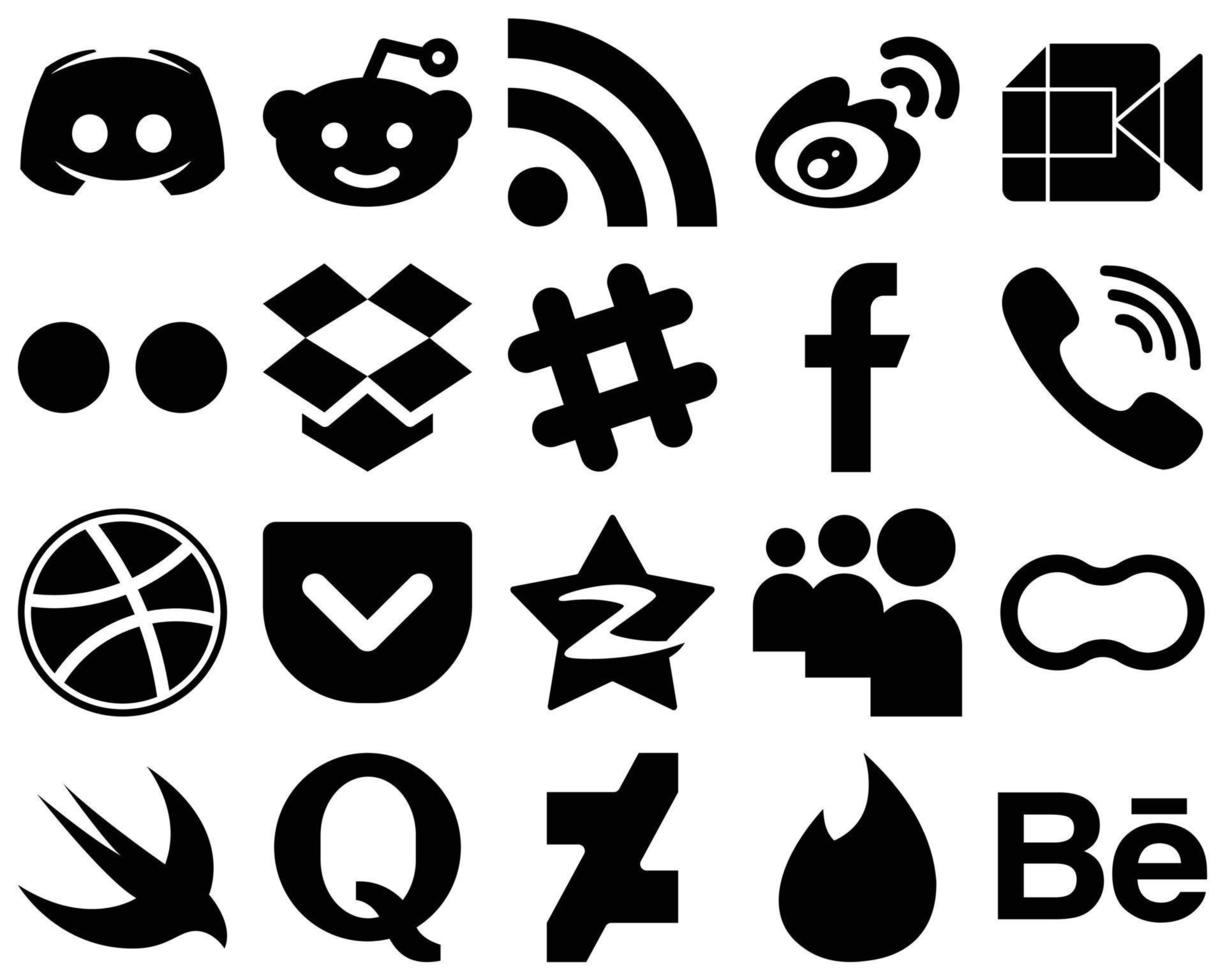 20 attraente nero solido sociale media icone come come spotify. yahoo. sin. flickr e video icone. moderno e professionale vettore