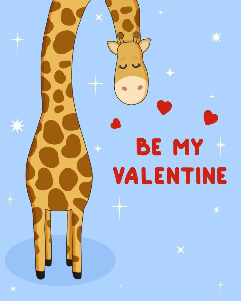 carino giraffa su blu sfondo. contento san valentino giorno. essere mio san valentino. vettore cartone animato carta.