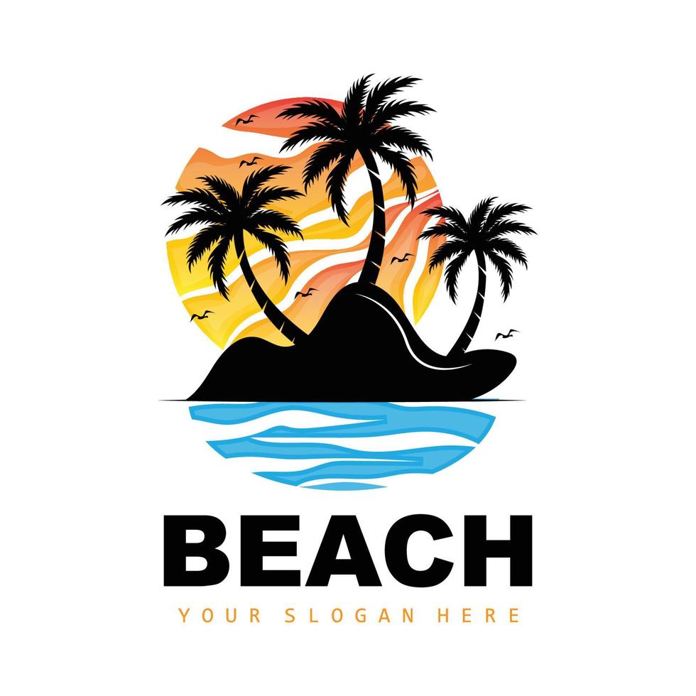 Noce di cocco albero e spiaggia logo, oceano natura paesaggio disegno, spiaggia icona pianta vettore