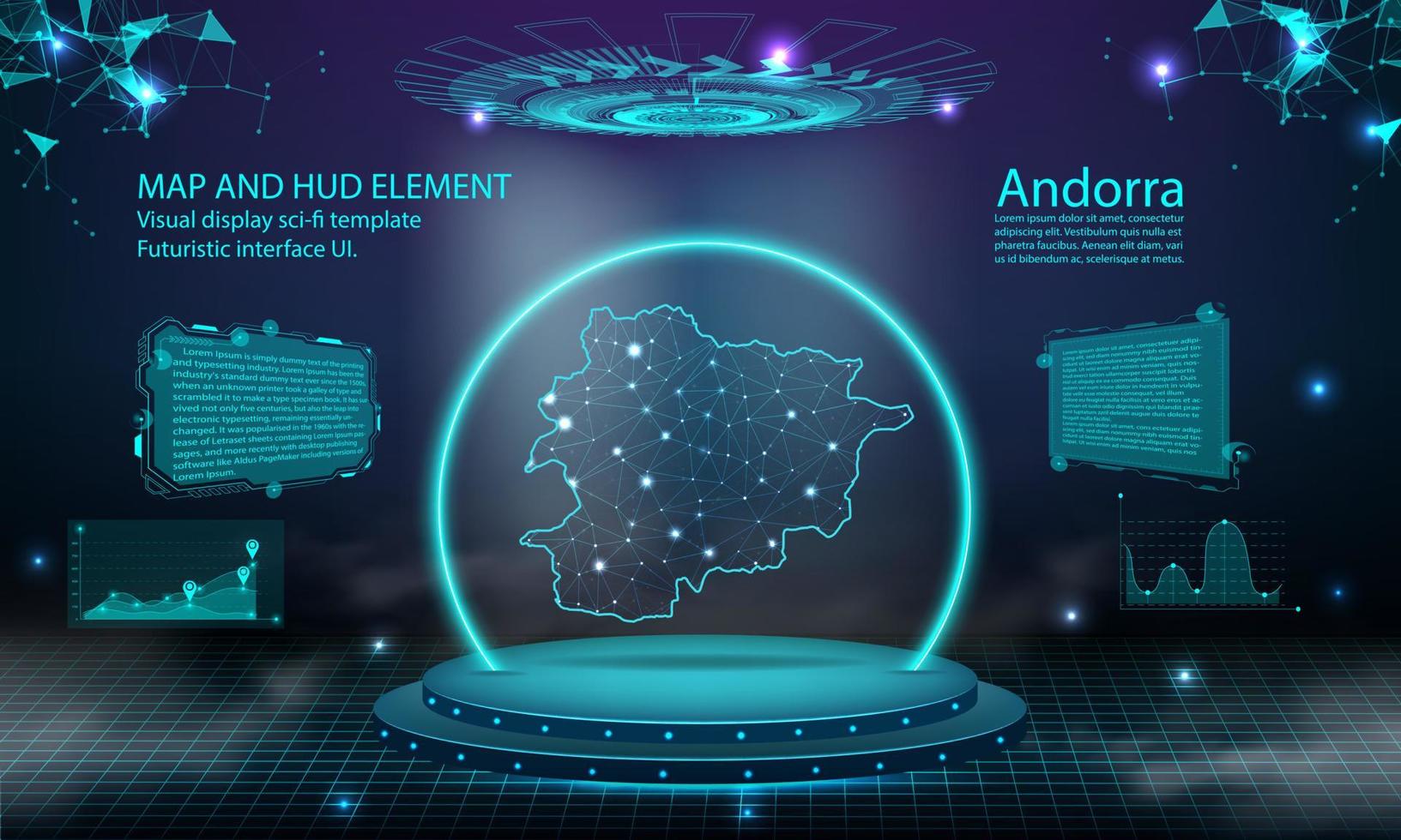 andorra carta geografica leggero collegamento effetto sfondo. astratto digitale tecnologia ui, gui, futuristico hud virtuale interfaccia con andorra carta geografica. palcoscenico futuristico podio nel nebbia. vettore