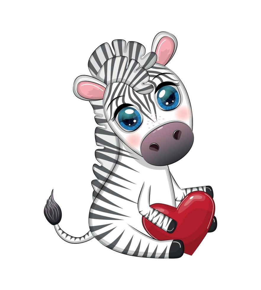 carino zebra detiene un' cuore nel sua mani. San Valentino giorno carta vettore