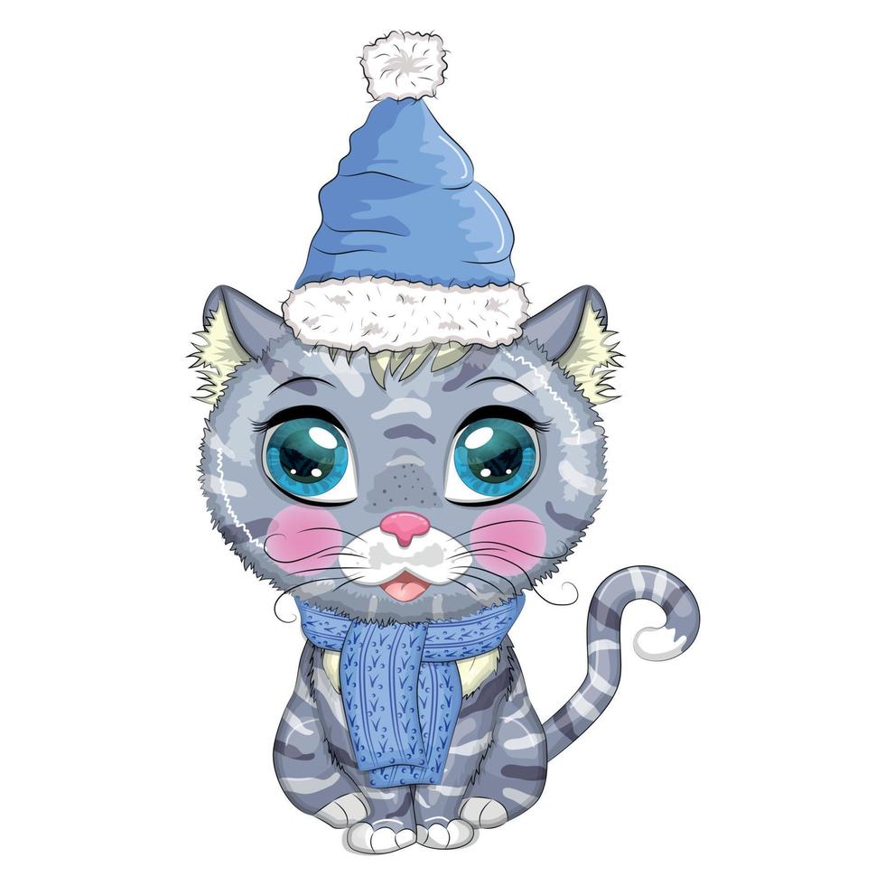 carino cartone animato gatto indossare Santa cappello e sciarpa. inverno 2023, Natale e Cinese nuovo anno. vettore