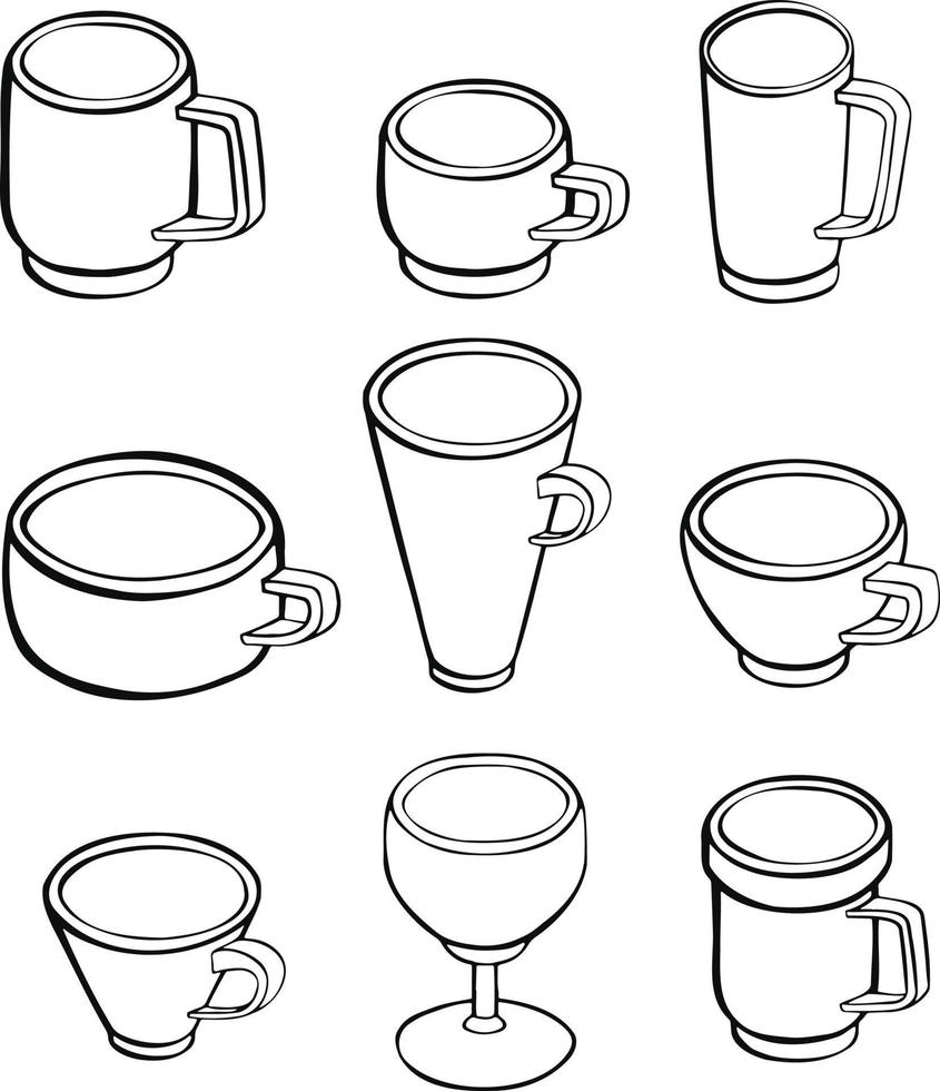 impostato di vario tazze con tè o caffè. lato Visualizza. mano disegnato vettore