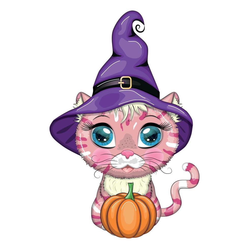 cartone animato gatto nel viola strega cappello con scopa, zucca, pozione. Halloween carattere, manifesto. simbolo di 2023 vettore
