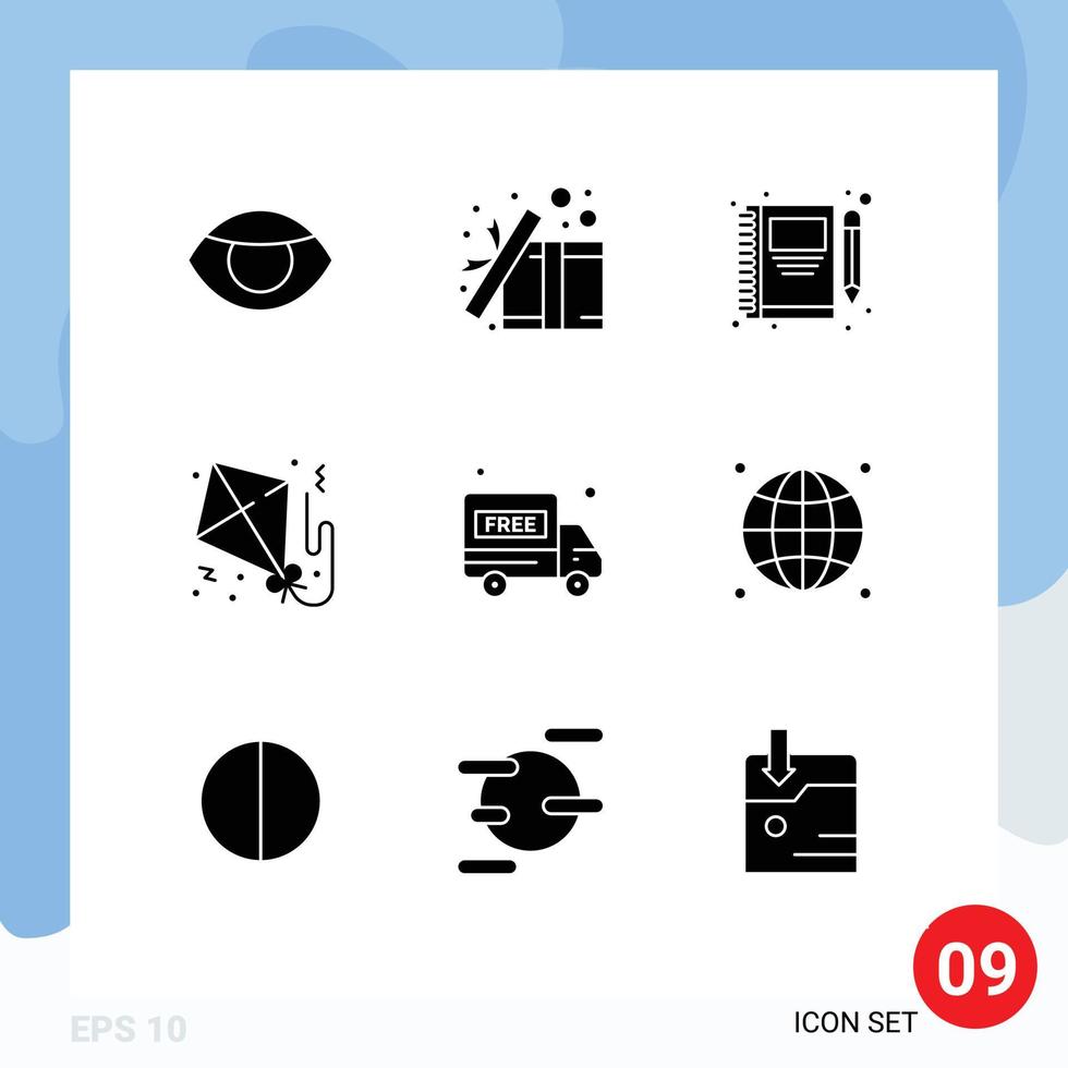 9 solido glifo concetto per siti web mobile e applicazioni carta volante sorpresa aquilone matita modificabile vettore design elementi