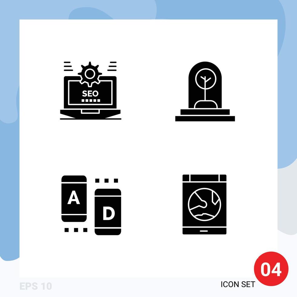 mobile interfaccia solido glifo impostato di 4 pittogrammi di SEO albero ambientazione crescita marketing modificabile vettore design elementi