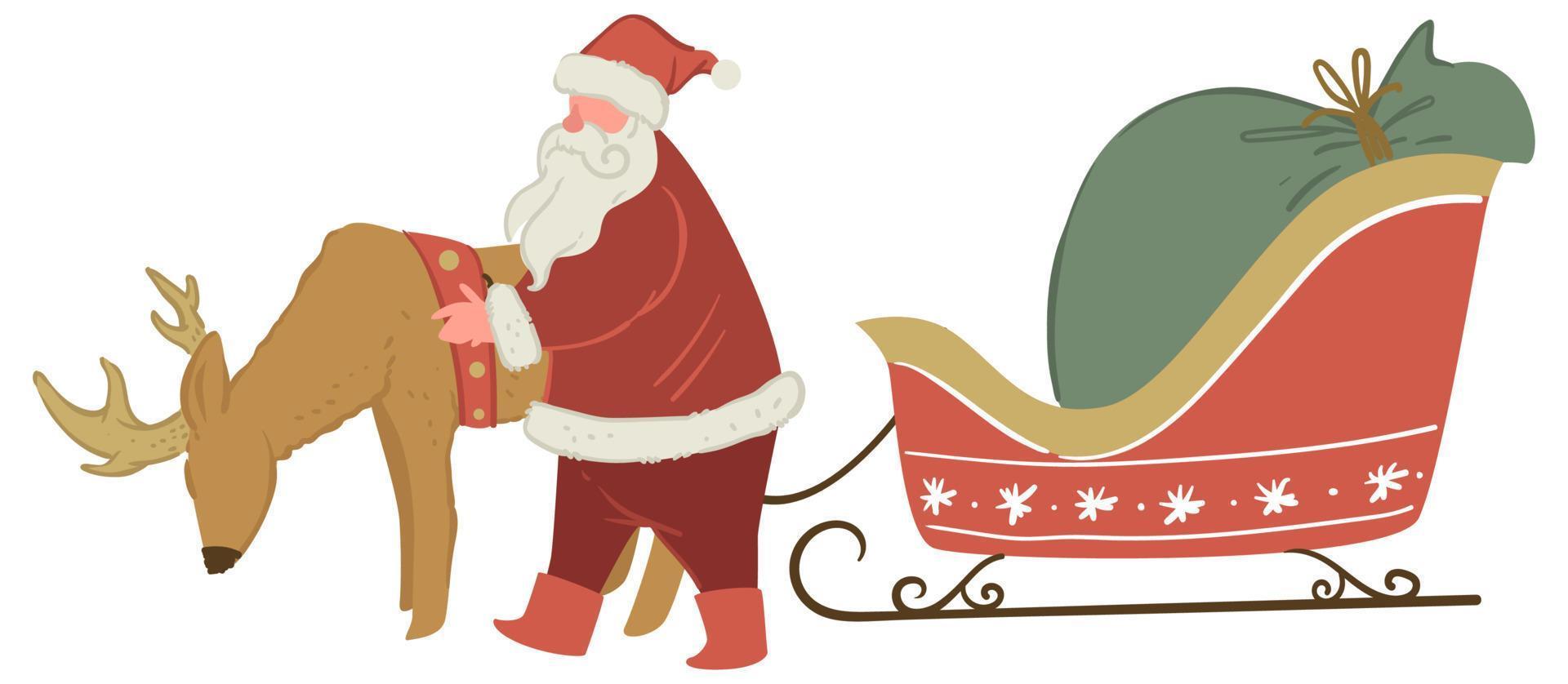 Santa Claus con cervo e slitta pieno di regali vettore