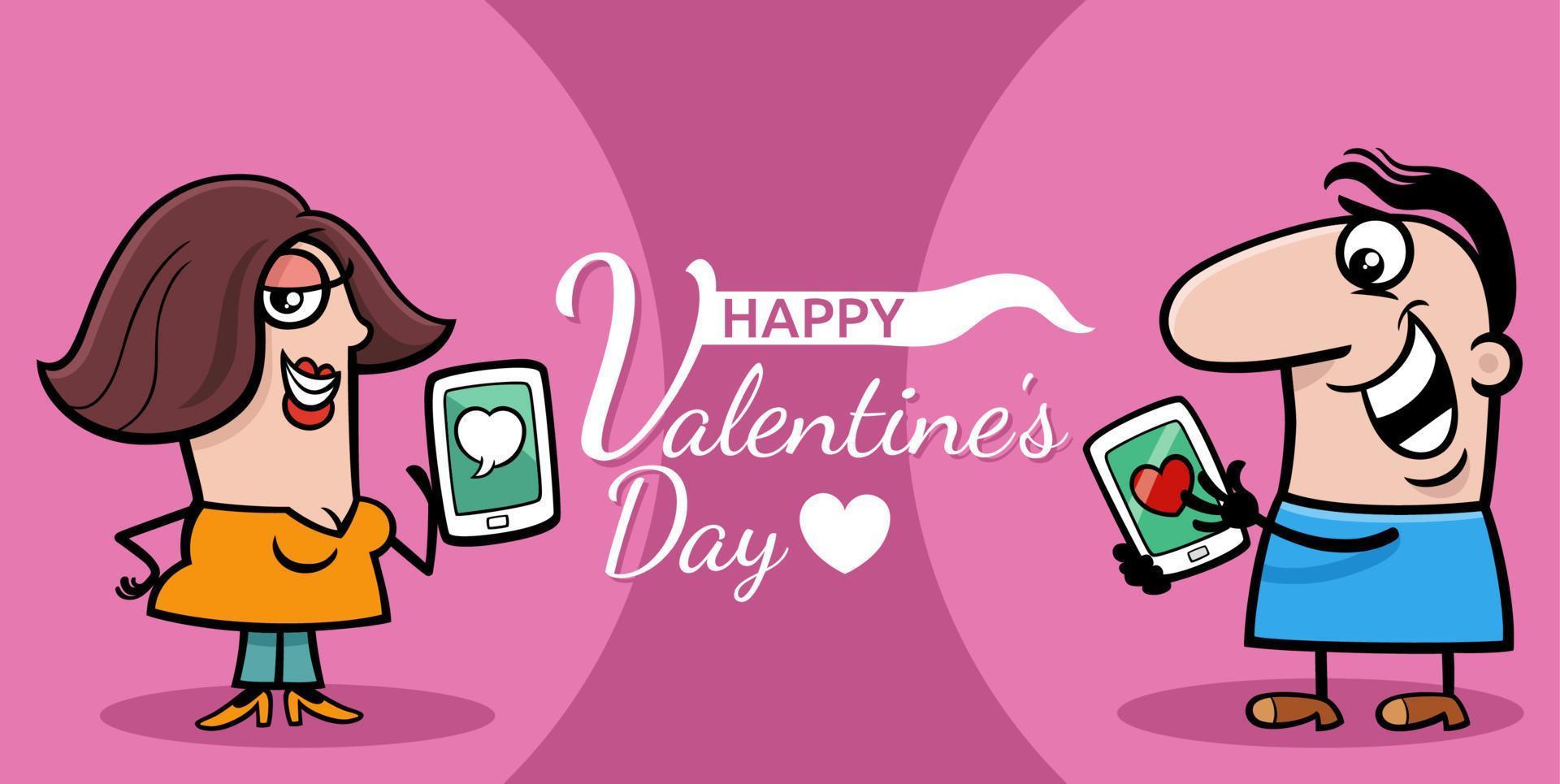 san valentino giorno design con cartone animato coppia con telefoni vettore