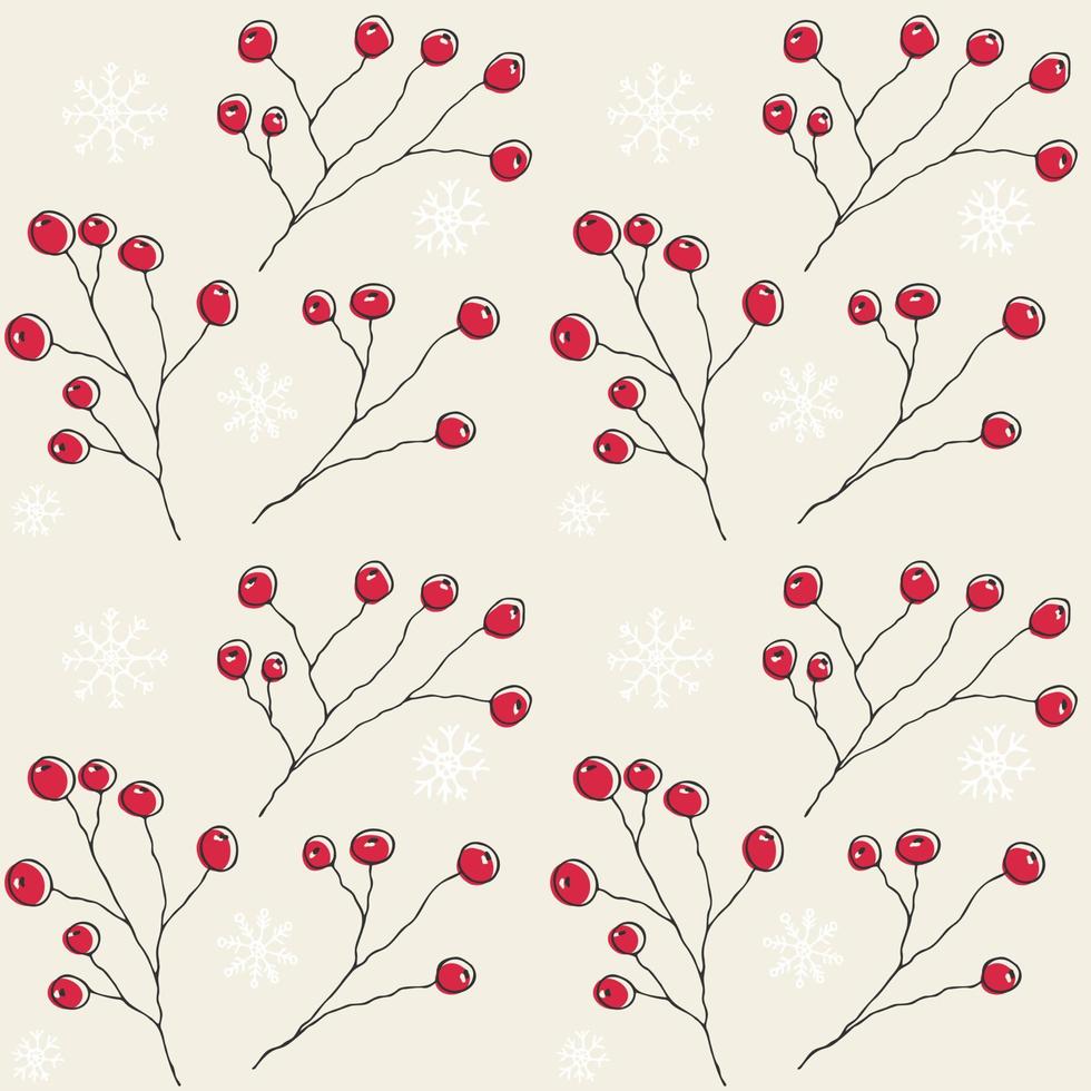 rosso agrifoglio frutti di bosco e i fiocchi di neve su beige sfondo. senza soluzione di continuità sfondo di ramoscelli con frutti di bosco e neve. per tessuto, confezione o sfondo. vettore