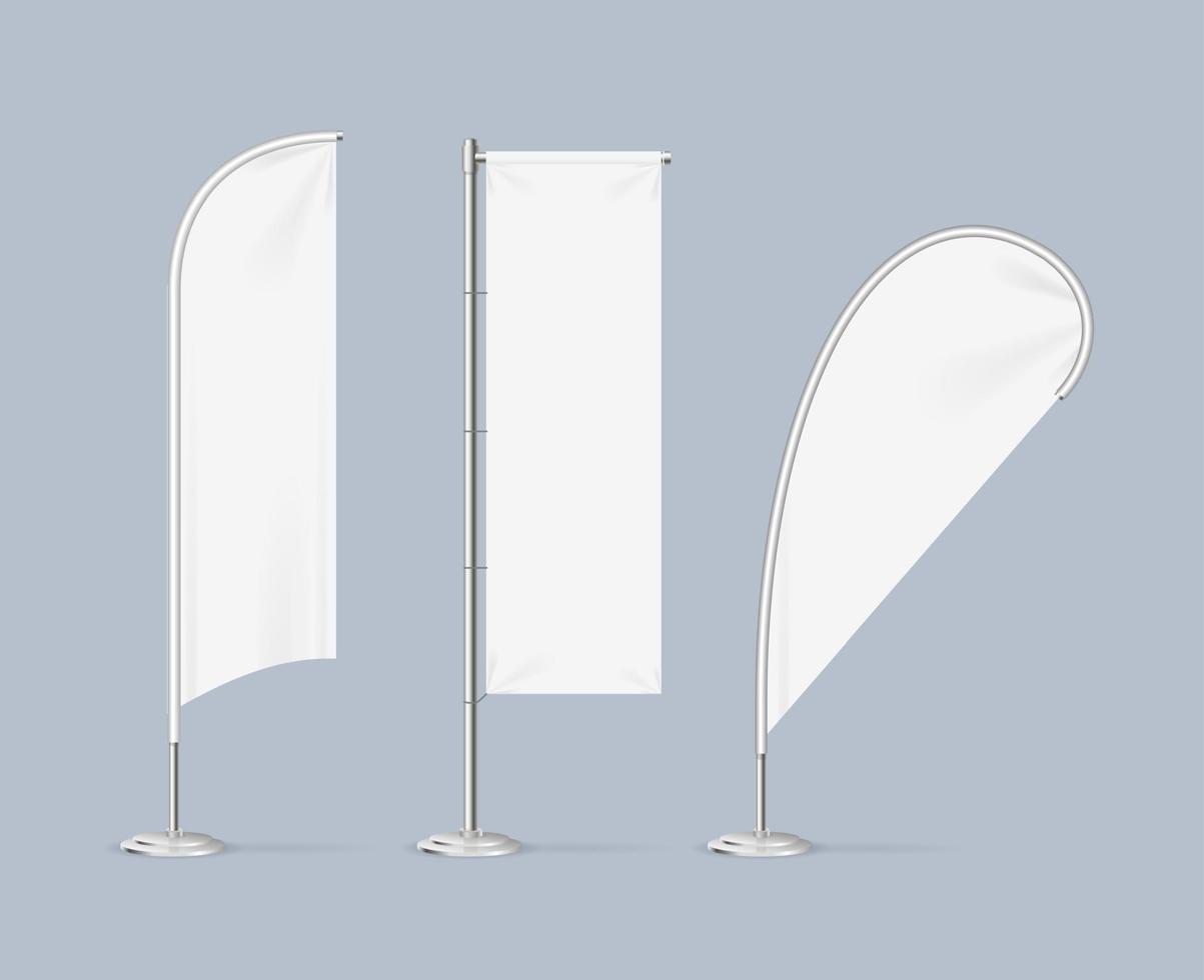 realistico dettagliato 3d bianca vuoto adv spiaggia bandiera In piedi modello modello impostare. vettore