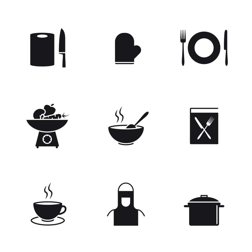 cucinando e cucina icone. nero su un' bianca sfondo vettore