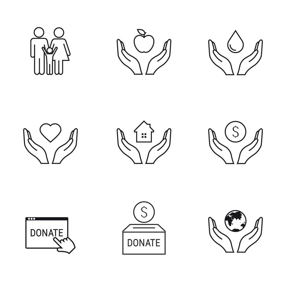 beneficenza, donazione icone impostare, nero su un' bianca sfondo vettore