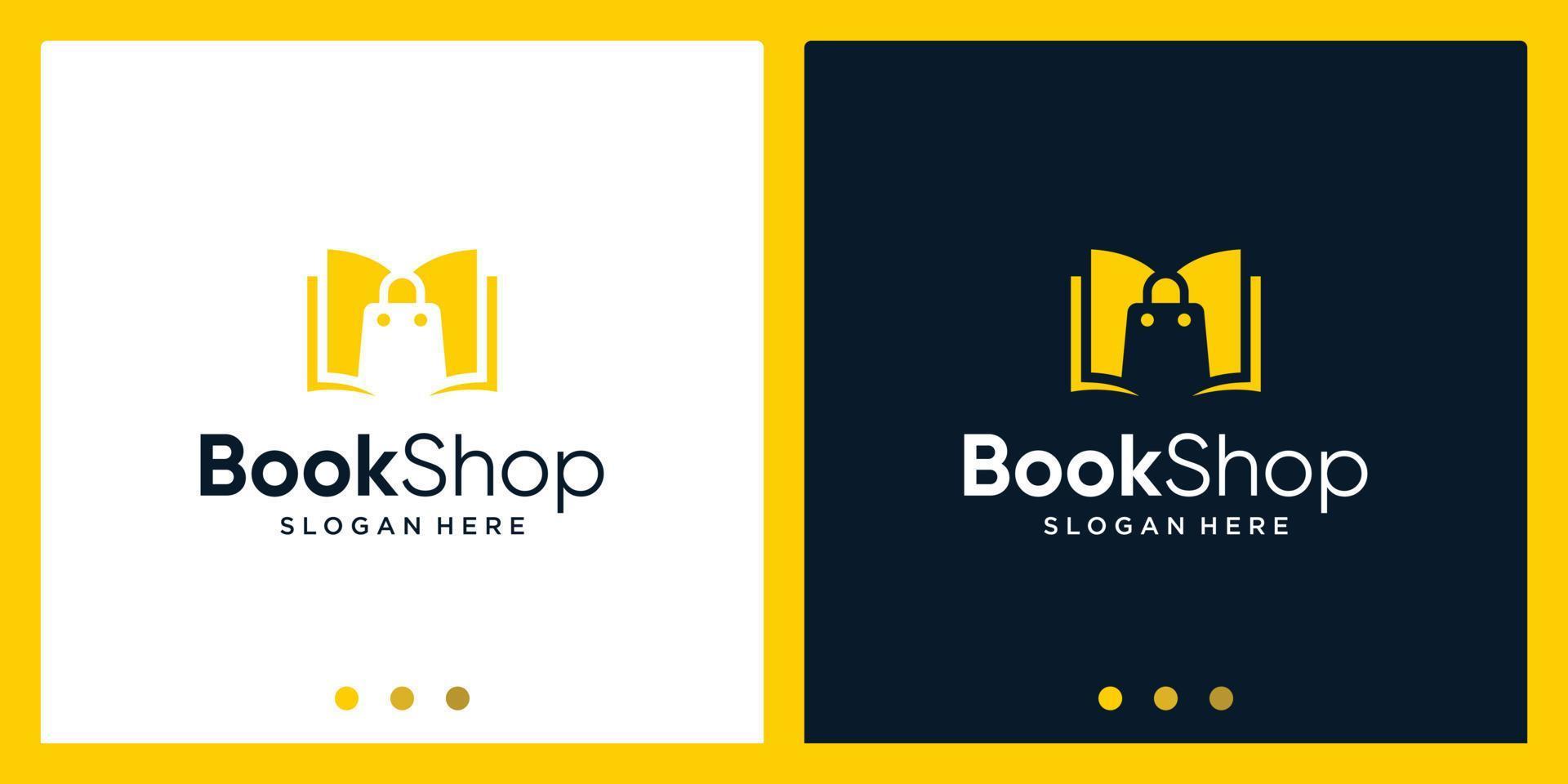 Aperto libro logo design ispirazione con shopping Borsa design logo. premio vettore