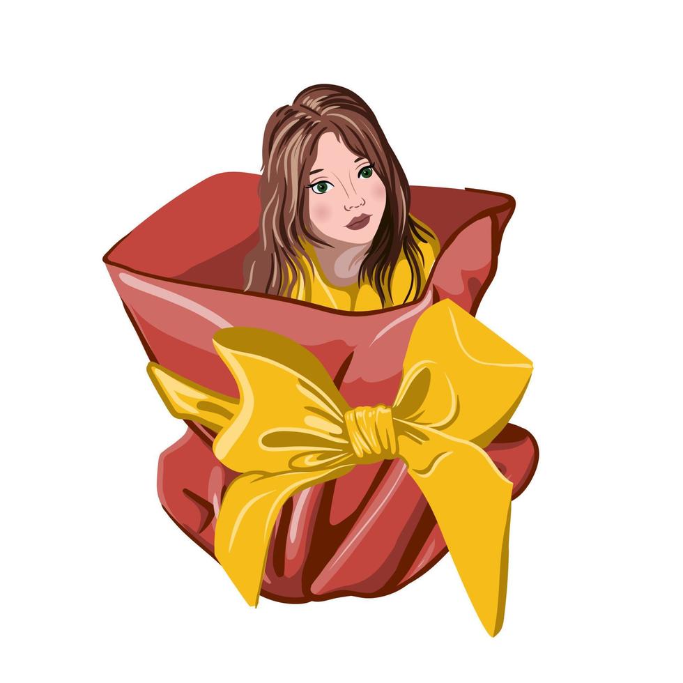 ragazza è seduta nel un' rosso regalo Borsa con un' d'oro arco. vettore illustrazione