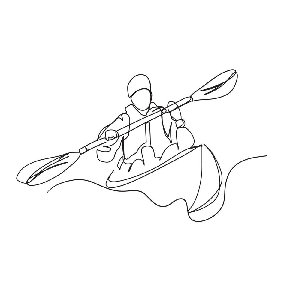 canoa linea arte, uomini kayak, acqua sport, schema disegno, semplice atleta schizzo, minimalista vettore