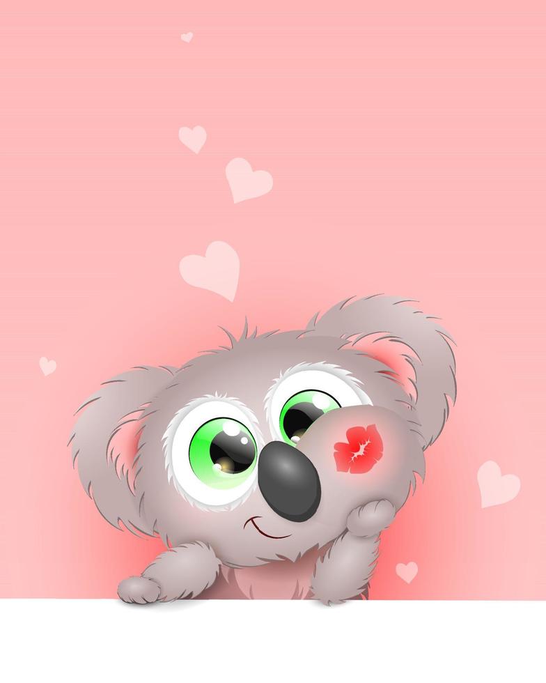 carino soffice divertente cartone animato poco koala ragazzo con rosso rossetto bacio su il suo guancia. San Valentino giorno concetto vettore