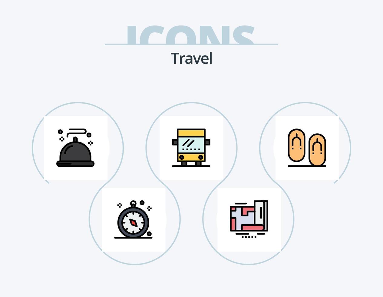 viaggio linea pieno icona imballare 5 icona design. musica. dormire. cibo. camera. letto vettore