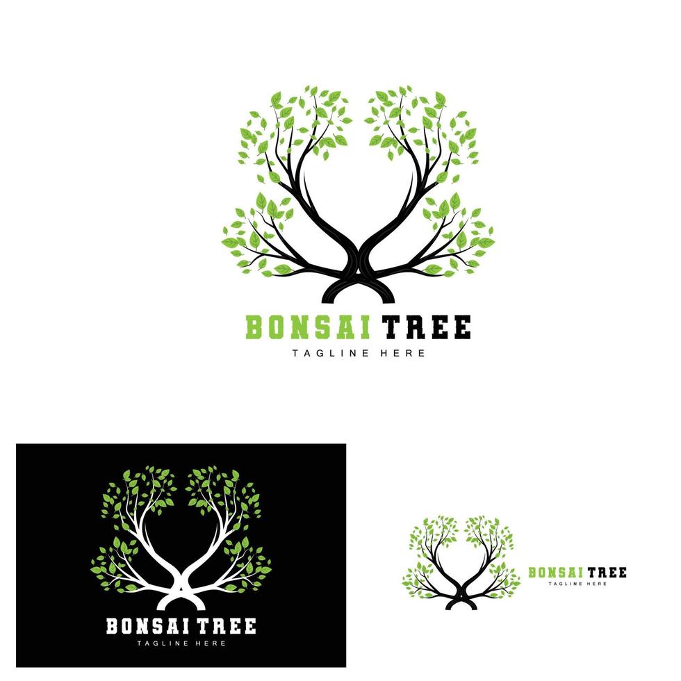 verde albero logo disegno, Bonsai albero logo illustrazione, foglia e legna vettore