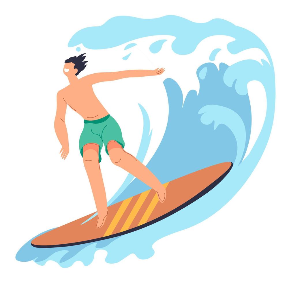 uomo fare surf su onda, estate attività e divertimento vettore
