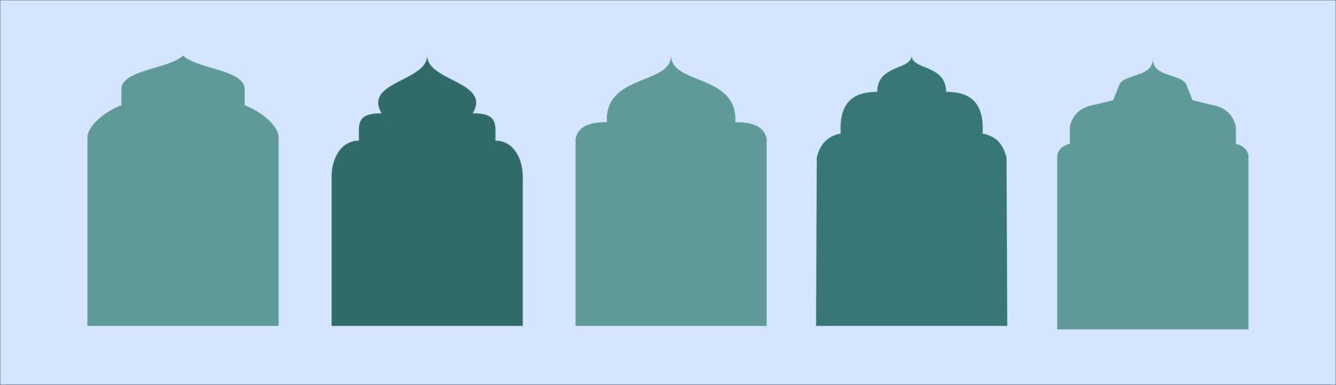 collezione di finestre e archi islamici ramadan kareem in stile orientale con un design in stile moderno, moschea porta, cupola della moschea e lanterne. illustrazione del ramadan. vettore