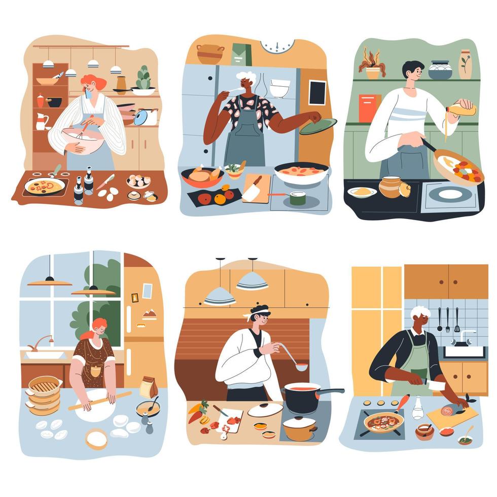persone cucinando nel cucina a casa, fatti in casa piatto vettore